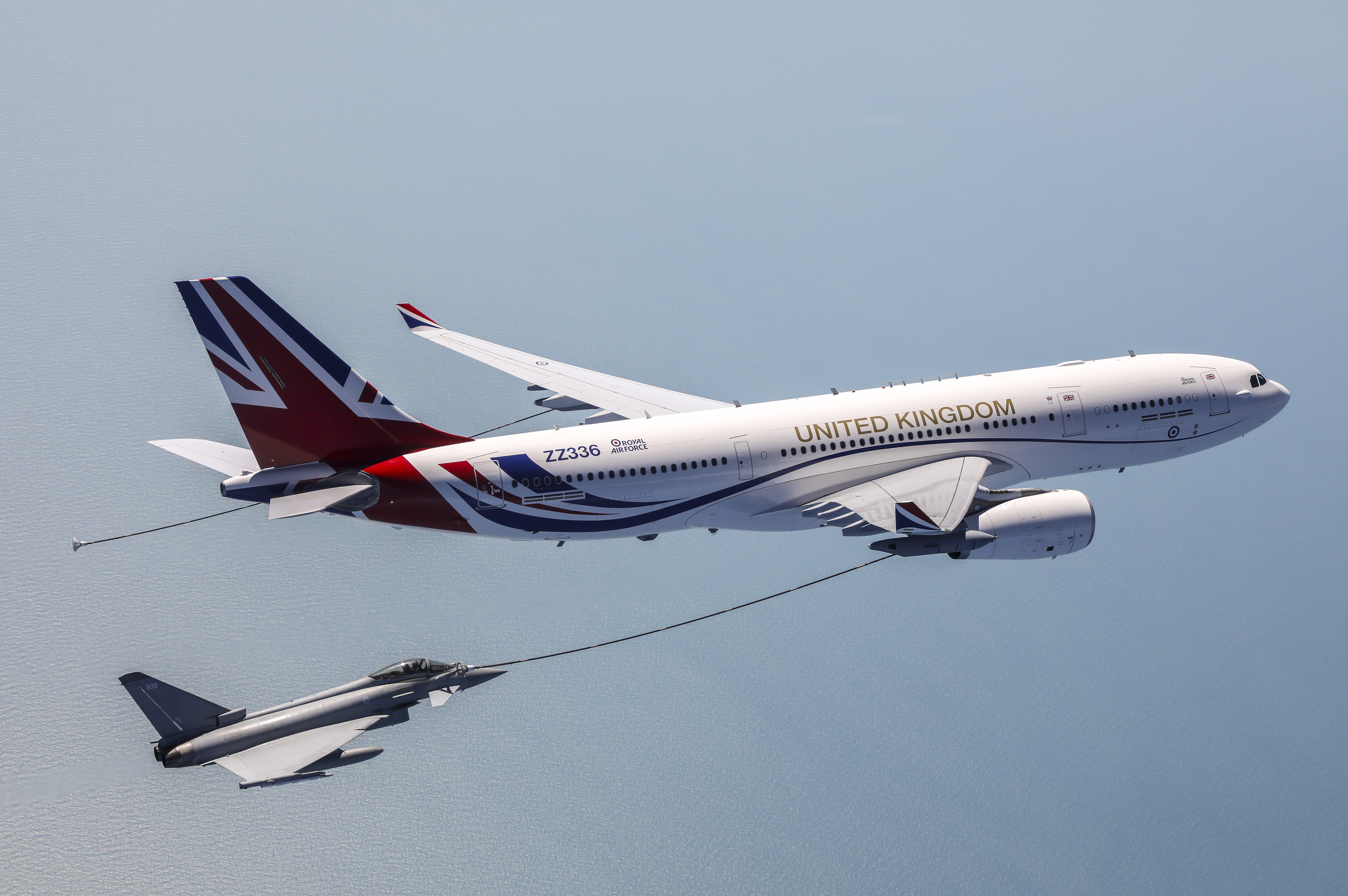Image shows Typhoon and Voyager during air to air refuelling.